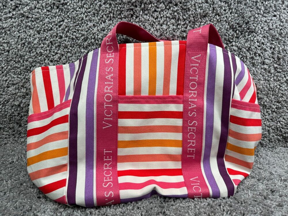 Victorias Secret Weekender Tote Bag Multicolor Striped Logo Gym Travel Carry On